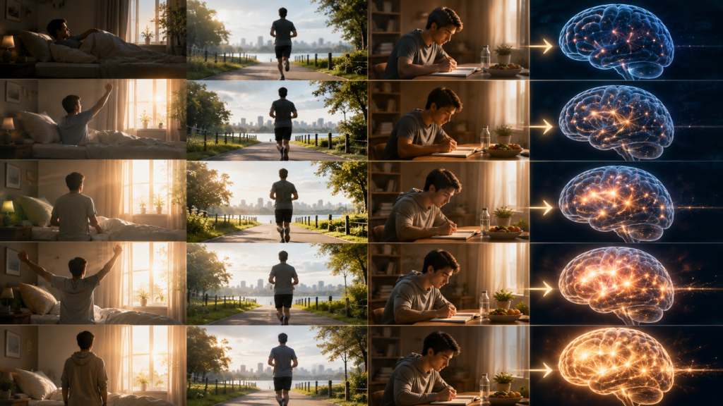 Visualization of habit formation and strengthening neural pathways through repetition.