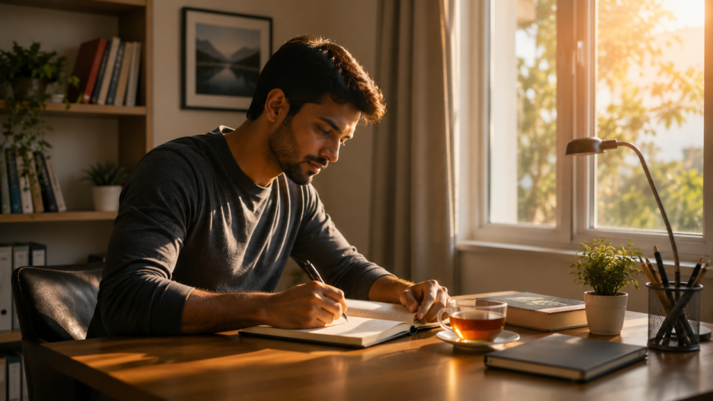 Daily journaling and reflection as part of building healthier mental habits.